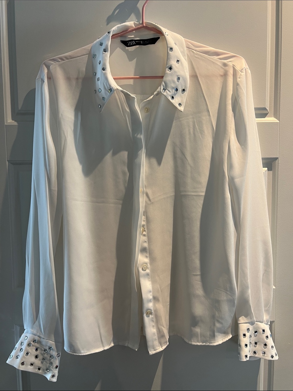 Zara White Button-Down Blouse with Studded Collar & Cuffs